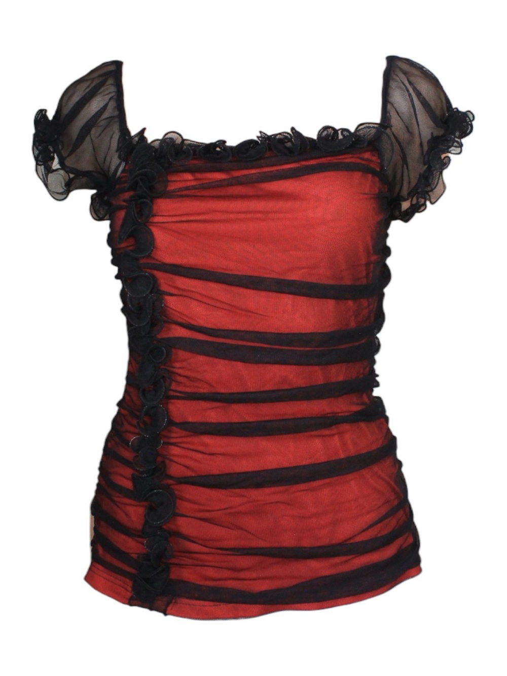 Vintage red and black mesh overlay ruffle puff sleeve top